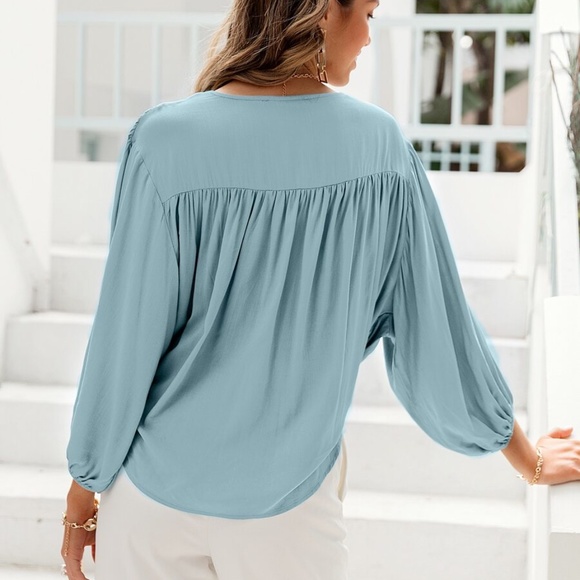 Dusty blue Satin silky lantern sleeve surplice Top - Picture 2 of 7